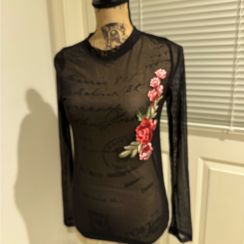 Audrey 3+1 Black Mesh Top with Pink Floral Embroidery size small / medium